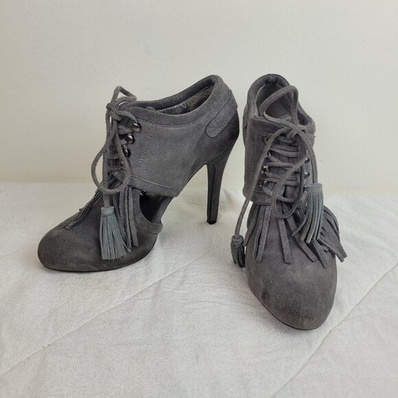 Colin Stuart gray suede booties fringe leather ties tassels stiletto heels 6.5 - Picture 2 of 13